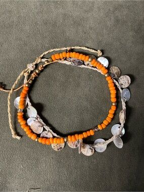 Orange Beaded Shell Wrap Bracelet Set
